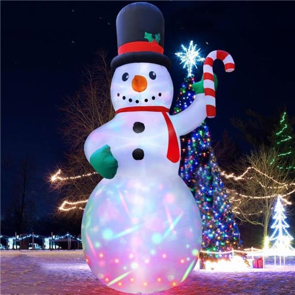 12Ft Christmas Inflatable Snowman Holds Candy Cane with Color LED Lights